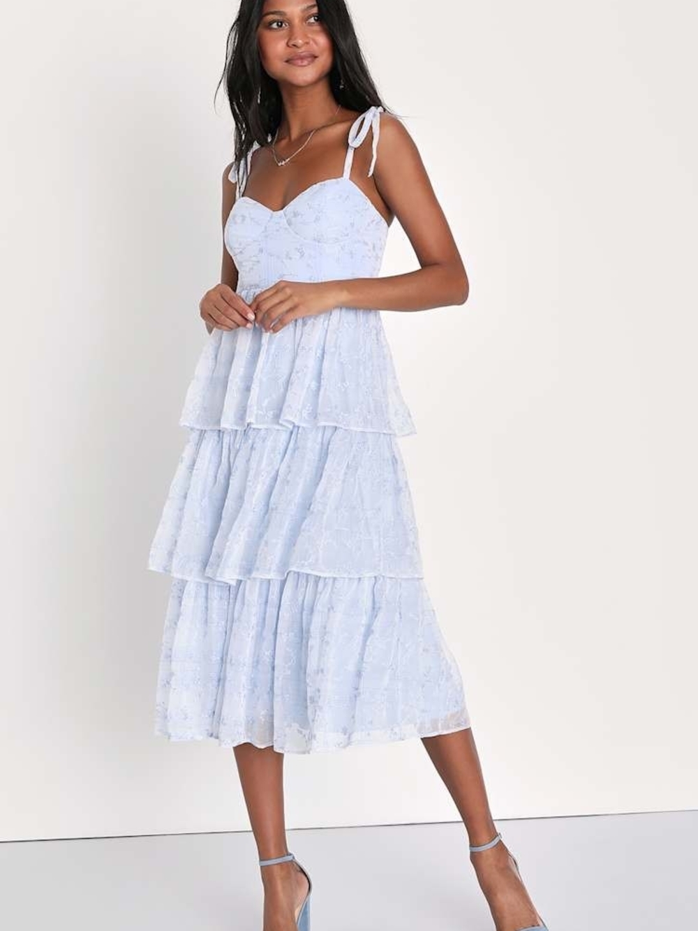 Lulu's Light Blue Tiered Tie-Shoulder Midi Dress Sz XL
